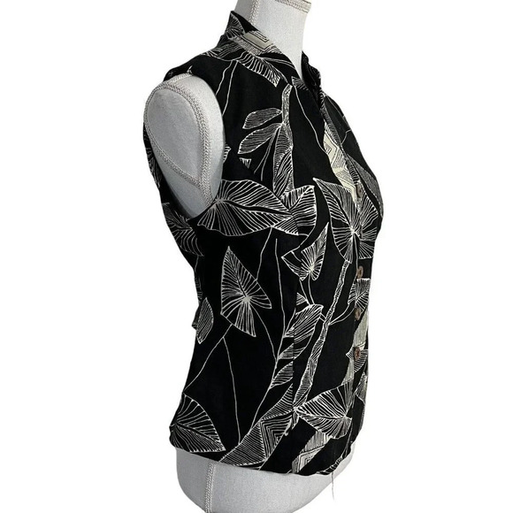Perceptions Black and Cream Leaf Pattern Button Up Sleeveless Top Size 10 Petite - Picture 2 of 7